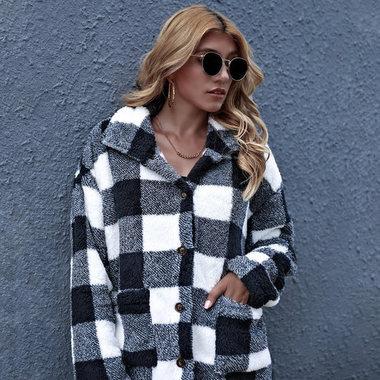 Women Oversized Check Button Shirt Jacket-1
