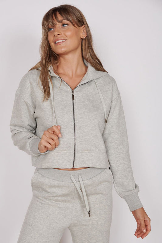 Rosa Light Grey Zip Through Cropped Hoodie-1