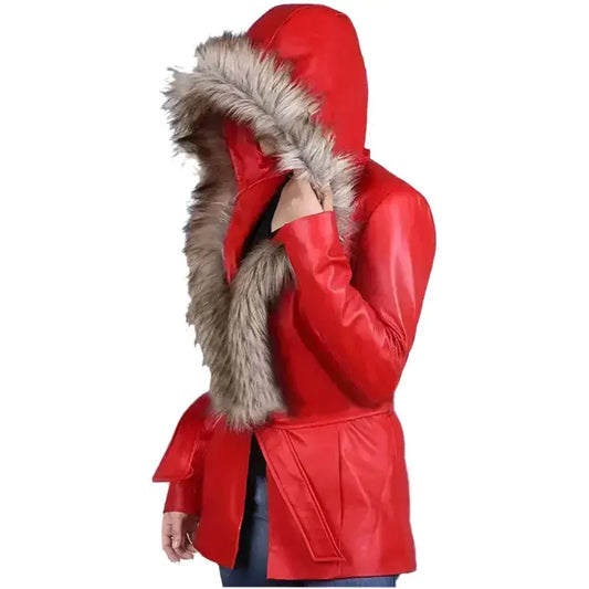 Women's Goldie Hawn Christmas Coat with Faux Fur Hood – Mrs. Claus Edition-1