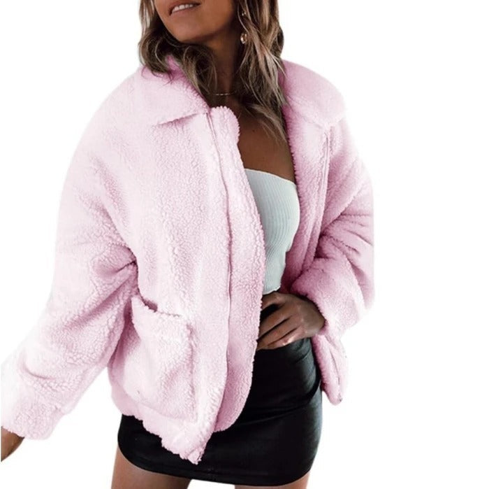 Faux lambswool oversized jacket coat Winter black warm hairly jacket Women autumn outerwear-8