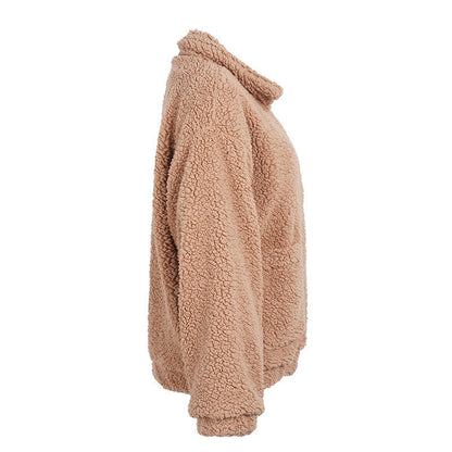Faux lambswool oversized jacket coat Winter black warm hairly jacket Women autumn outerwear-2