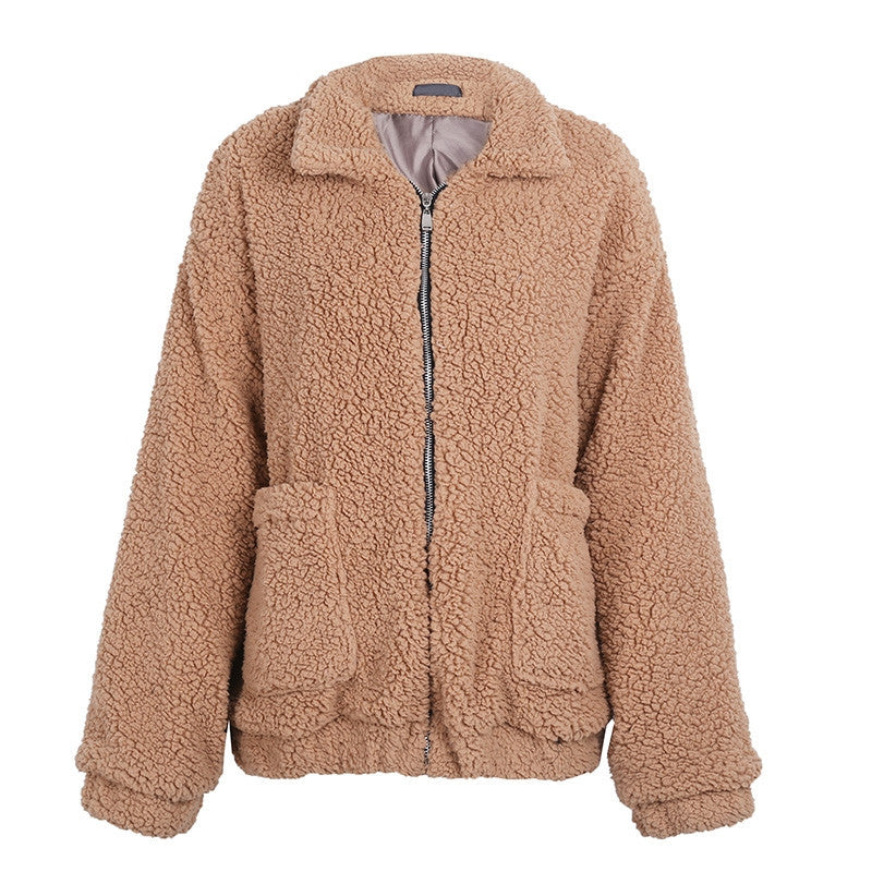 Faux lambswool oversized jacket coat Winter black warm hairly jacket Women autumn outerwear-7