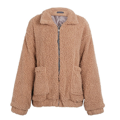 Faux lambswool oversized jacket coat Winter black warm hairly jacket Women autumn outerwear-7