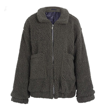 Faux lambswool oversized jacket coat Winter black warm hairly jacket Women autumn outerwear-6