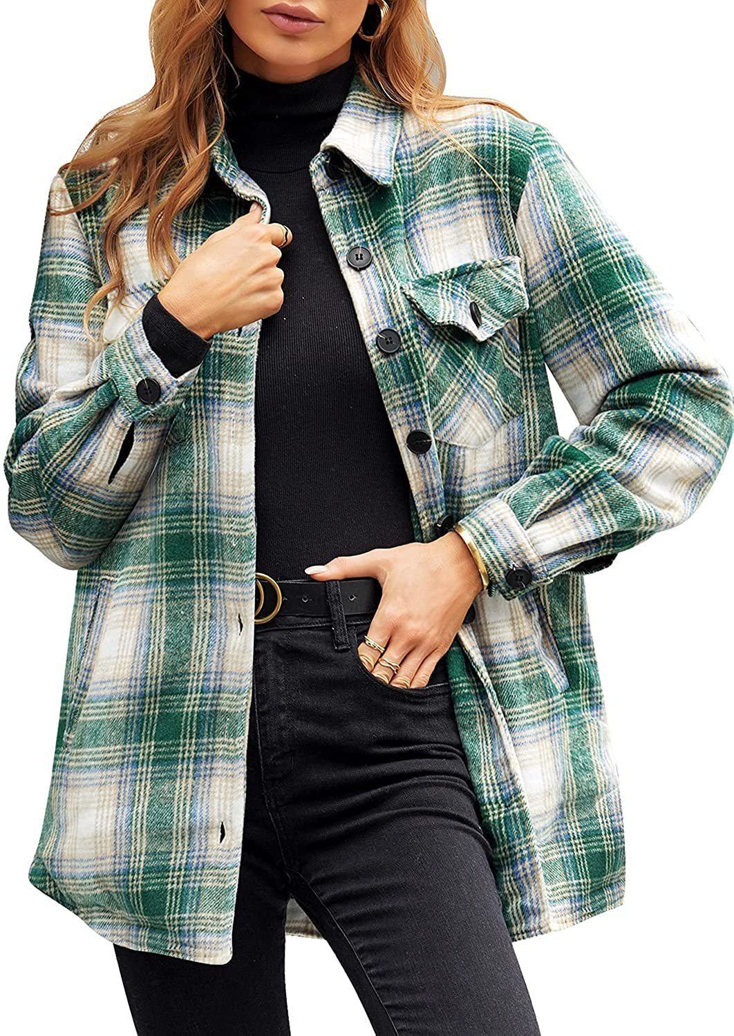 Women Oversized Check Button Shirt Jacket-4