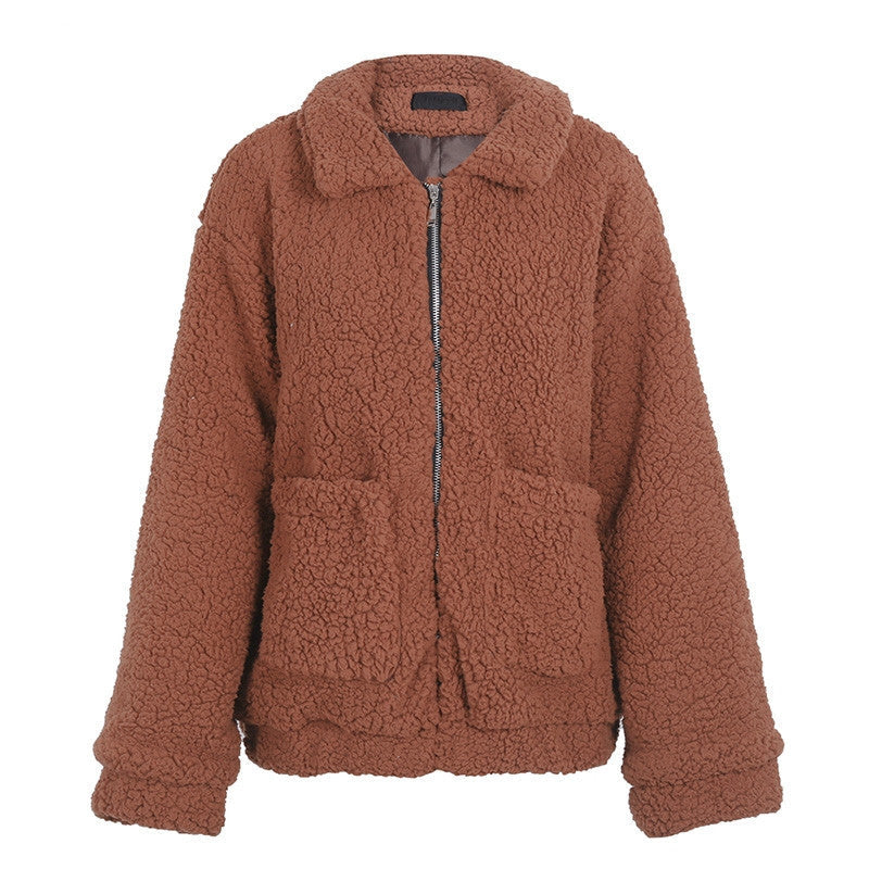 Faux lambswool oversized jacket coat Winter black warm hairly jacket Women autumn outerwear-5