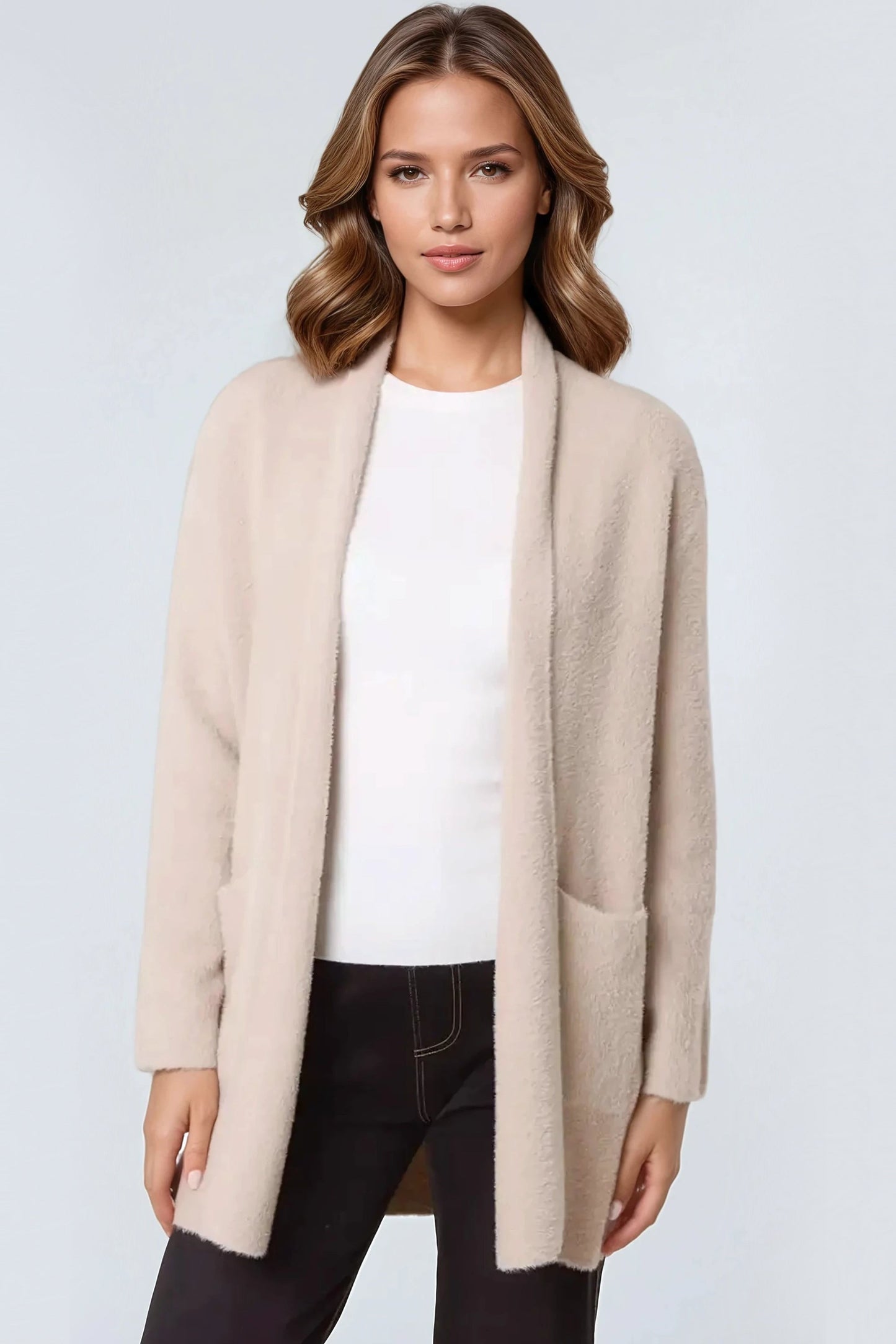 Beige Soft Open Front Cardigan-0