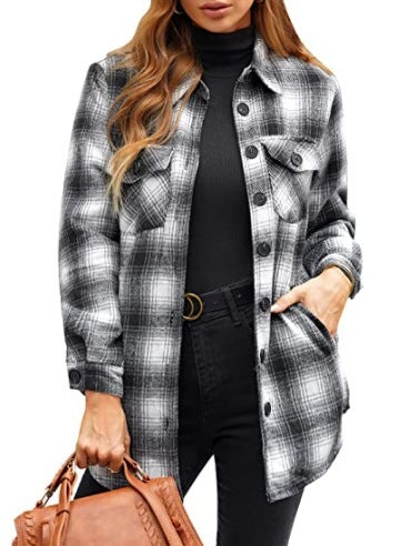 Women Oversized Check Button Shirt Jacket-2