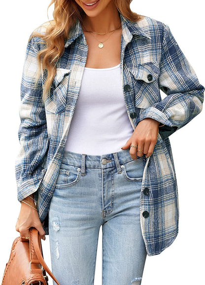 Women Oversized Check Button Shirt Jacket-3